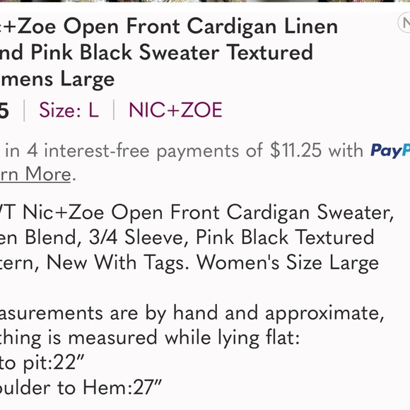 Nic+Zoe Open Front Cardigan Linen Blend Pink Black Sweater $138 NWT Large - Picture 3 of 13